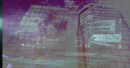 Glass skyscrapers reflecting neon financial charts in city center at dusk, with code overlays