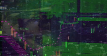Projecting stock candlestick charts numeric labels and trend lines over office desks and monitors