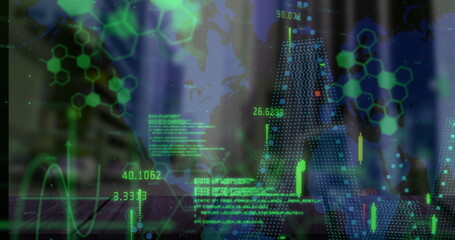 Displaying world map and network on office desk, with floating numerical data and candlestick chart