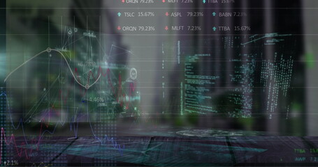 Holographic line charts floating over wooden tabletop in dim office, with numeric tickers and code