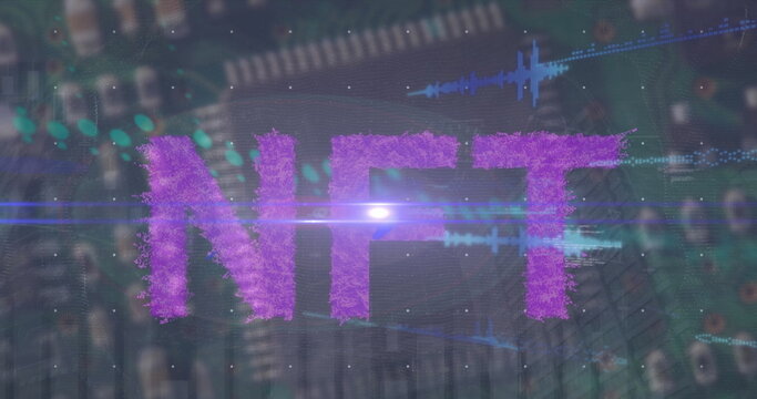 Floating purple NFT letters over blurred circuit board, with binary code, waveforms, lens flare