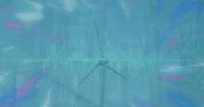 Wind turbine standing in digital energy interface, with green waveform, data points and log stacks