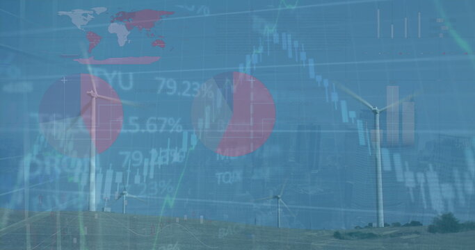 Wind turbine turning blades in wind farm, with candlestick, line and pie charts, world map overlay