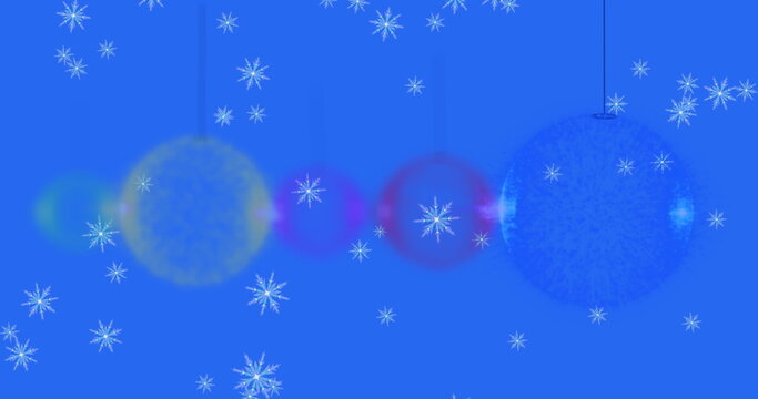 Fototapeta Displaying glowing yellow magenta blue ornaments hanging on blue backdrop, with white snowflakes