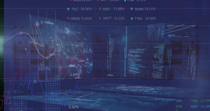 Floating holographic panels displaying live financial data in interface, with line charts and nodes