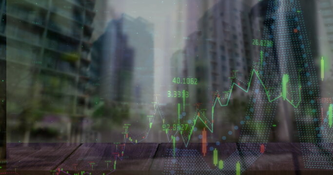 Showing chart on wood tabletop with candlestick bars, green line graph and blue dotted trend line - Powered by Adobe