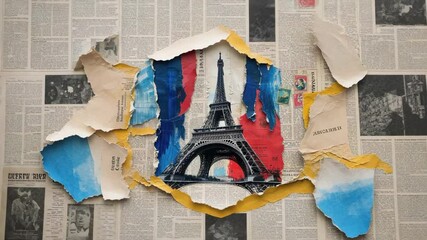 Tearing paper fragments peeling from newspaper backdrop, revealing tricolor Eiffel Tower collage - Powered by Adobe