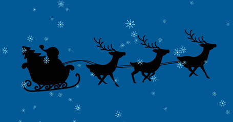 Flying Santa Claus silhouette pulling sleigh across winter night sky, with reindeer and tree