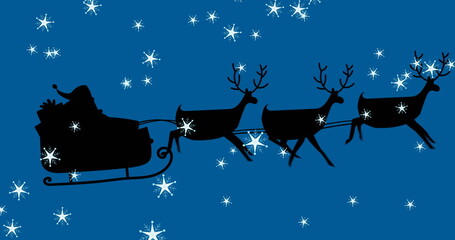 Gliding silhouette Santa in red suit crossing night sky, with reindeer pulling gift-filled sleigh