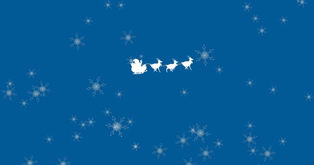 Gliding silhouette Santa flying sleigh across winter sky with three reindeer and falling snowflakes