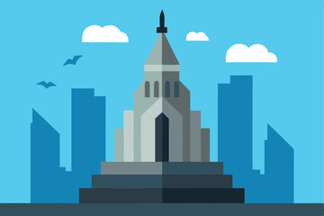 Iconic Building Illustration with a Modern City Skyline in Shades of Blue and Gray