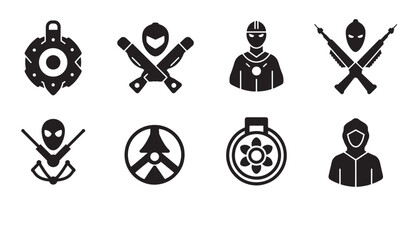 Set of modern abstract icon illustrations depicting various weapons and characters in simple styles