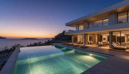 Obraz premium Luxurious modern villa overlooking a tranquil sunset ocean vista, featuring an infinity pool and expansive patio.