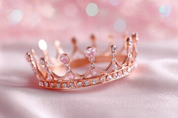 Sparkling rose gold crown resting on pink silk with bokeh effect