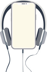 Modern smartphone with big wired headphones connected. Top view. Ideal for technology, mobile, music, design. Vector illustration on transparent background.