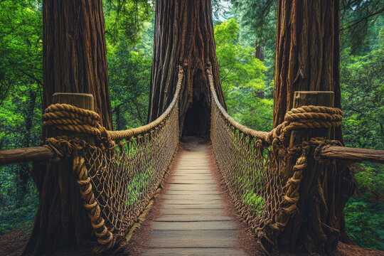 A redwood tree with a massive trunk and a rope bridge stretching between two trees