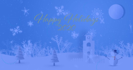 Snowman wearing top hat and scarf standing on snowy hill near tower under moon, copy space