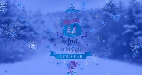 Fototapeta premium Showing Merry Christmas Happy New Year text over snowy forest, with snowmen reindeer and snowflakes