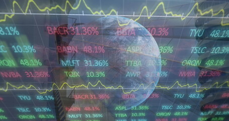 Rotating Earth globe showing stock tickers and charts in virtual market, with skyscraper silhouette
