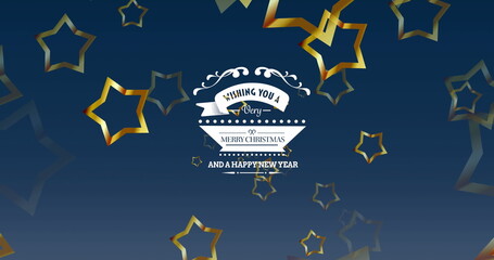 Fototapeta premium Hovering white banner with flourishes and ribbons over blue gradient, with metallic gold stars