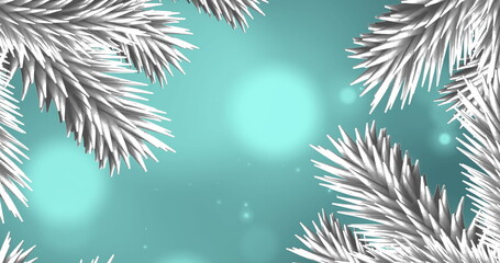 Framing white pine clusters floating on turquoise backdrop, with bokeh and sparkles, copy space