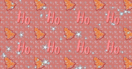 Featuring holiday pattern on digital background with grid, orange trees red 'Ho' text starbursts