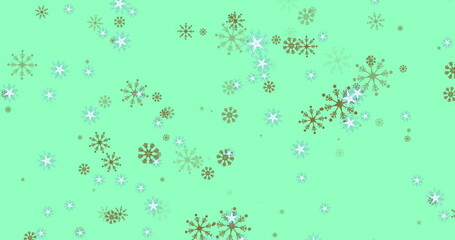 Displaying white light blue mint gold snowflake motifs covering mint green background, winter theme