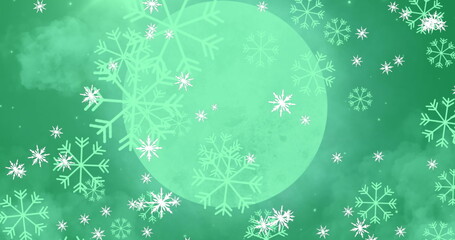 Displaying green translucent circle glowing in abstract winter design, with snowflakes, mist
