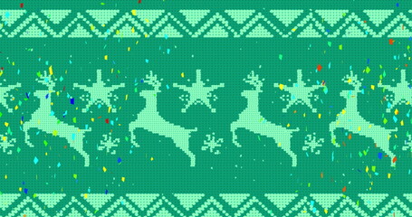 Displaying mint-green reindeer silhouettes, snowflake star motifs and zigzag bands on green pattern