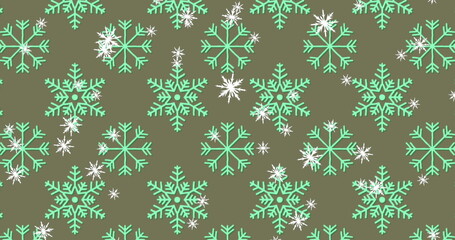 Displaying repeating mint green snowflake motifs and smaller white snowflakes on olive green fabric