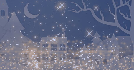 Showing paper cut-out snowy village sparkling among pine trees at night, with glowing windows