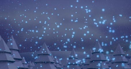 Fototapeta premium Showing stylized evergreen trees standing in winter forest at night, with glowing blue snowflakes
