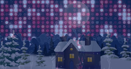 Glowing house with lit windows, full moon shining over snowy clearing, with colored sky light grid