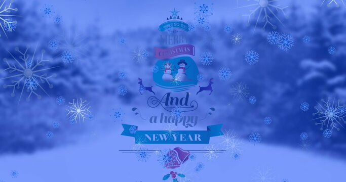 Fototapeta Showing Merry Christmas Happy New Year text over snowy forest, with snowmen reindeer and snowflakes