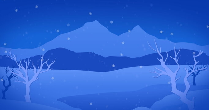Fototapeta Showing cluster of leafless trees standing atop snowy hill at dusk, falling snow, distant mountains