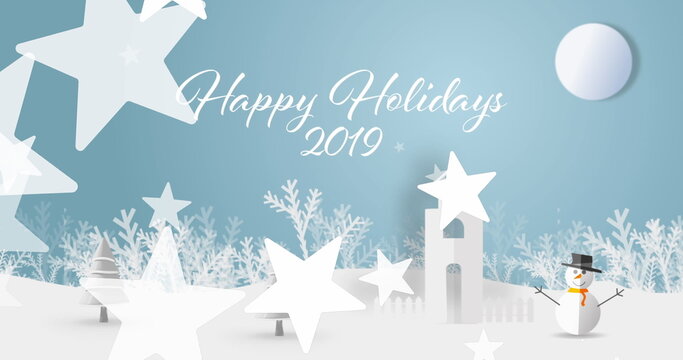 Fototapeta Floating white cursive greeting text Happy Holidays 2019 over snowy hills, with snowman and tower