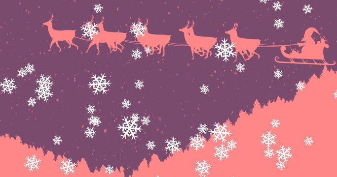 Fototapeta Gliding sleigh with six reindeer silhouettes across starry sky above jagged forest with snowflakes