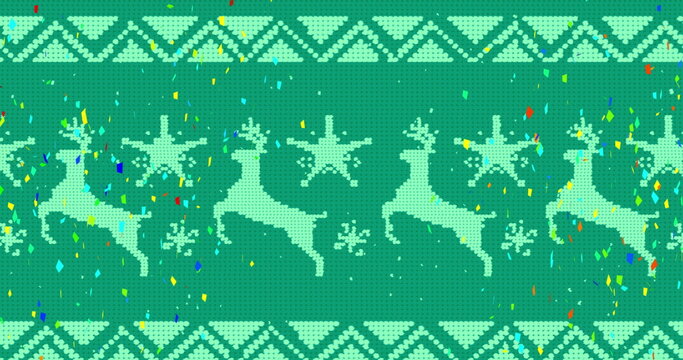 Fototapeta Displaying mint-green reindeer silhouettes, snowflake star motifs and zigzag bands on green pattern