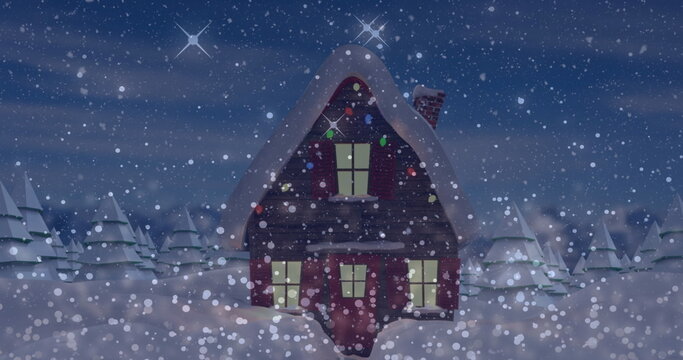 Fototapeta Standing red cabin showing glowing windows and string lights in snowy pine clearing, falling snow