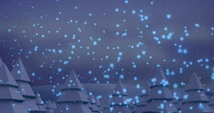 Fototapeta Showing stylized evergreen trees standing in winter forest at night, with glowing blue snowflakes