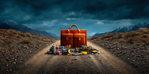 A striking scene featuring a brown leather briefcase surrounded by an array of colorful travel essentials on a winding dirt path.