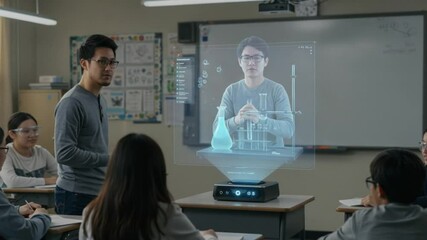 Hologram Education in Classroom: A teacher in classroom with student studying hologram projection learning, illustrating technological advances in modern education. - Powered by Adobe