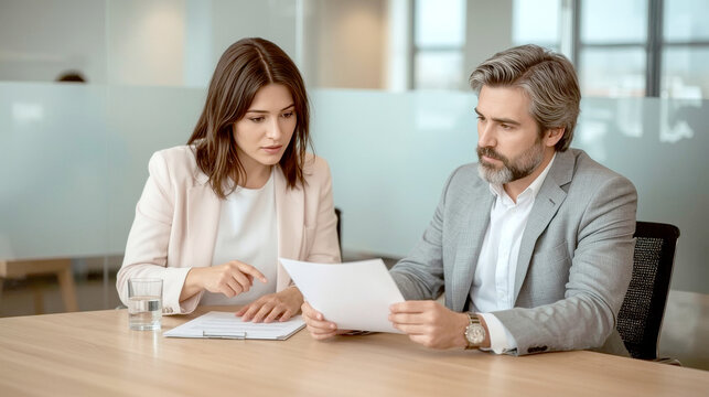 Two professional executives discussing financial accounting papers working together in office. Mature business woman manager consulting older man client holding legal documents