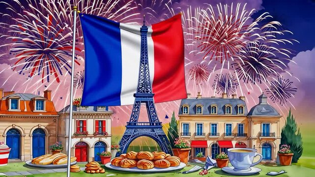 Rippling French tricolor flag fluttering in Paris square, sparking fireworks honoring Bastille Day