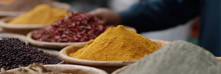 Variety of colorful spices displayed in open air market