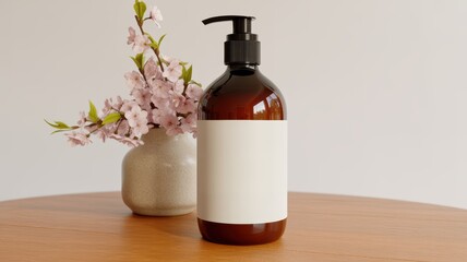Amber Glass Bottle Mockup with Blank Label on Table