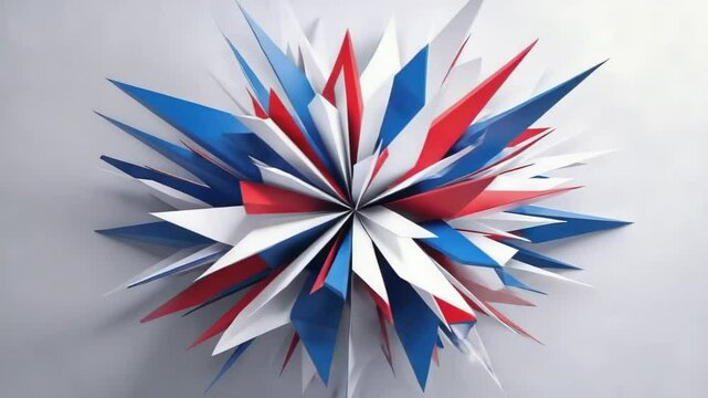 Emerging starburst rotating on vertical axis over grey backdrop, revealing red white blue triangles