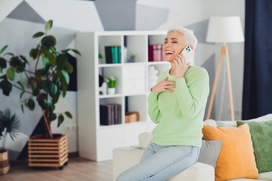 Cheerful senior woman enjoying a phone call in her cozy living room filled with stylish decor and comfortable atmosphere - Powered by Adobe