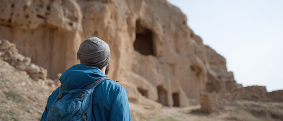 Backpacker exploring ancient ruins with curiosity