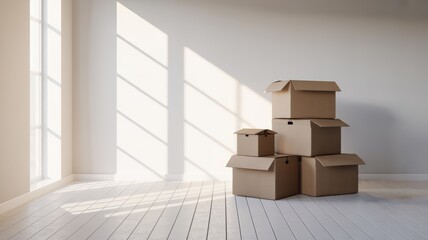 Cardboard Boxes Stacked in Empty Room for Moving